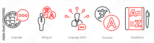 A set of 5 Language icons as language, bilingual, language skills