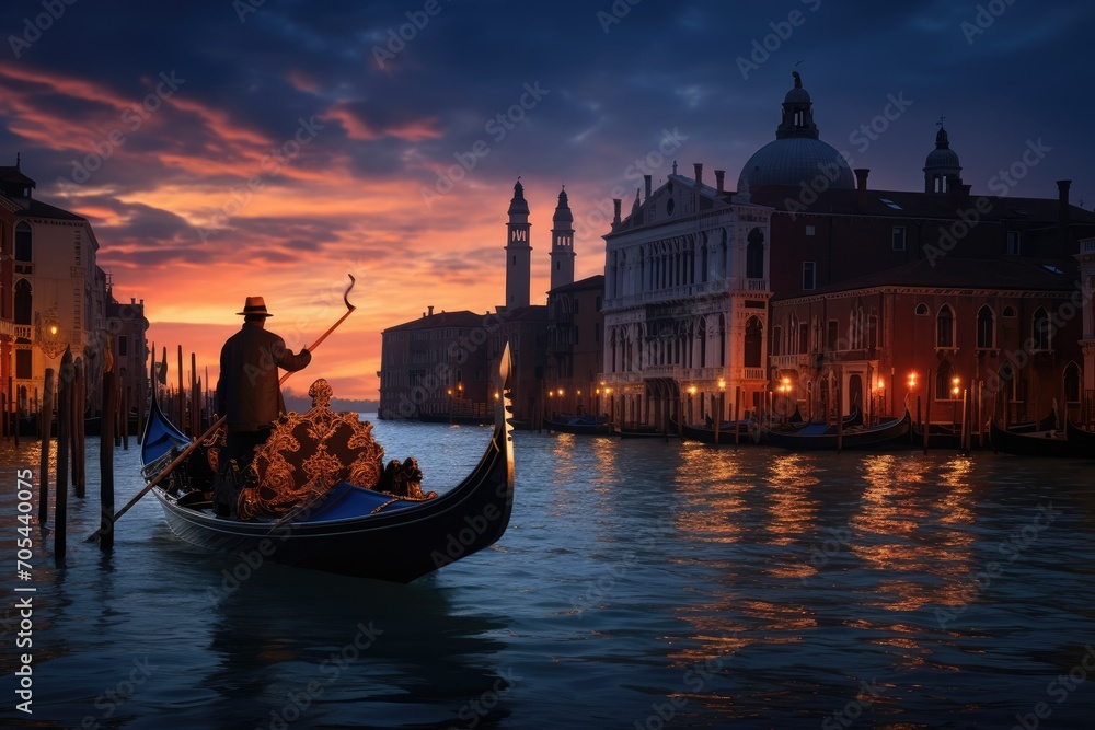 A charming image of a man in a top hat and cane enjoying a ride in a classic gondola along a Venetian canal., A romantic Venetian gondola ride at dusk, AI Generated