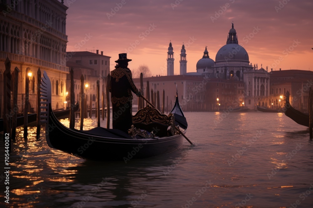 Fototapeta premium A man peacefully riding a gondola down a canal in Venice, Italy, during the tranquil moment of dusk., A romantic Venetian gondola ride at dusk, AI Generated