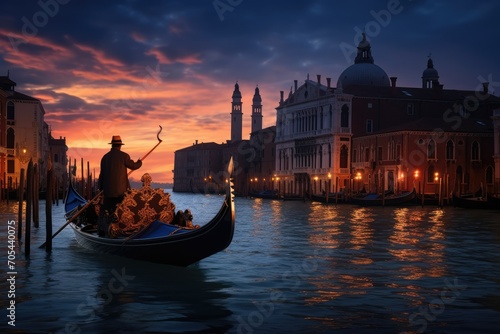 A charming image of a man in a top hat and cane enjoying a ride in a classic gondola along a Venetian canal., A romantic Venetian gondola ride at dusk, AI Generated