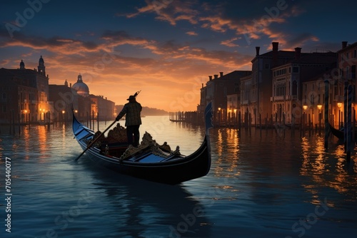 A man enjoys a boat ride down the river, surrounded by towering buildings in the city., A romantic Venetian gondola ride at dusk, AI Generated