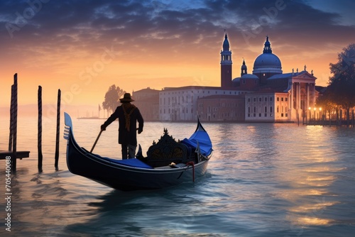Experience the tranquility of Venice as you ride a gondola over the peaceful waters., A romantic Venetian gondola ride at dusk, AI Generated