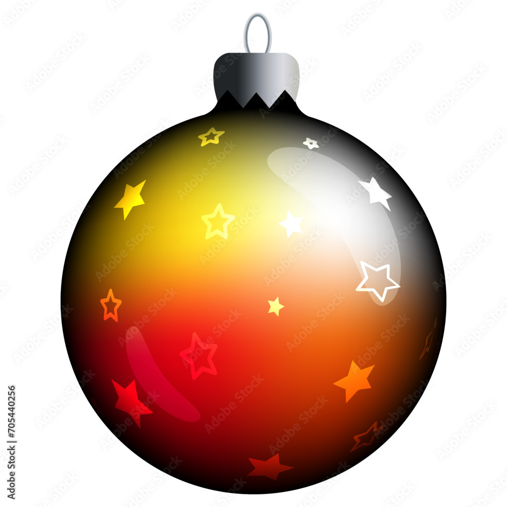 Realistic round Christmas ball with red and yellow gradient, stars and flares isolated on a white background. Clipart for christmas tree. Realistic round Christmas ball with red and yellow gradient, stars and flares isolated on a white background. Clipart for christmas tree.
