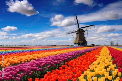 A captivating scene of a colorful field of flowers with a traditional windmill towering in the background., A rural landscape with colorful tulip fields and windmills, AI Generated