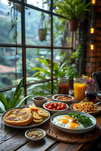 Cozy breakfast setup with a scenic view, featuring pancakes, eggs, cereal, and beverages on a wooden table.