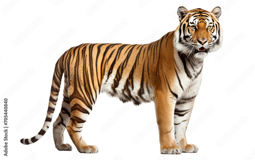 Majestic Bengal Tiger Showcasing Its Vibrant Striking Stripes Isolated on Transparent Background PNG.