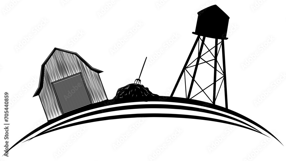 Silhouette scene from farm life with hay, barn and water tower on rounded land isolated on white background. Rural clipart. - obrazy, fototapety, plakaty 