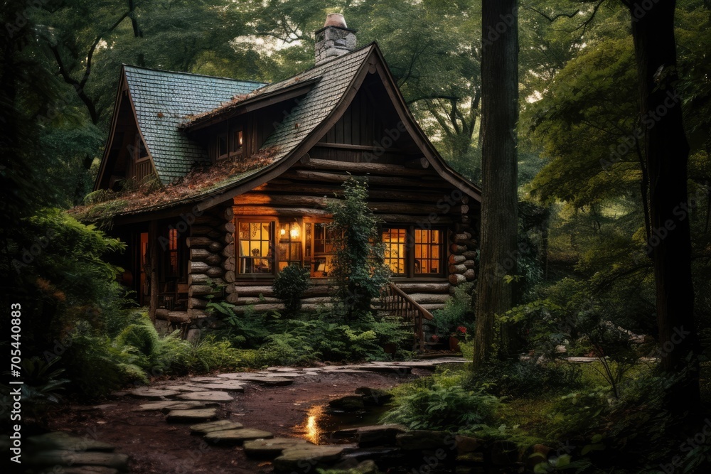 A log cabin in the woods shines brightly at night, creating a warm and inviting atmosphere., A rustic log cabin nestled in the woods, AI Generated A log cabin in the woods shines brightly at night, creating a warm and inviting atmosphere., A rustic log cabin nestled in the woods, AI Generated