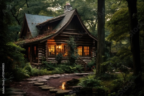 A log cabin in the woods shines brightly at night, creating a warm and inviting atmosphere., A rustic log cabin nestled in the woods, AI Generated