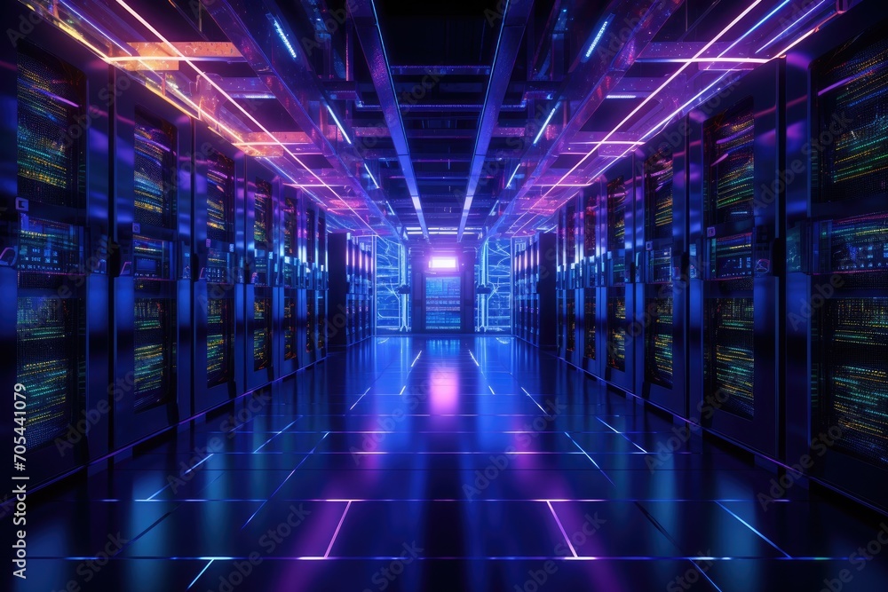 A long hallway filled with rows of server racks, providing a storage space for data and information., A sci-fi scene of a huge server room full of lights, AI Generated