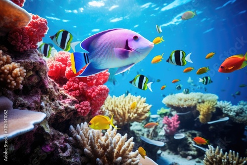 A vibrant group of fish gracefully swimming over a sprawling coral reef teeming with life., A school of multicolored tropical fish in a coral reef, AI Generated