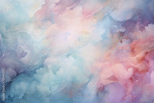 An eye-catching abstract painting featuring vibrant blue, pink, and white clouds., A sea of swirling nebulas in pastel colors, AI Generated