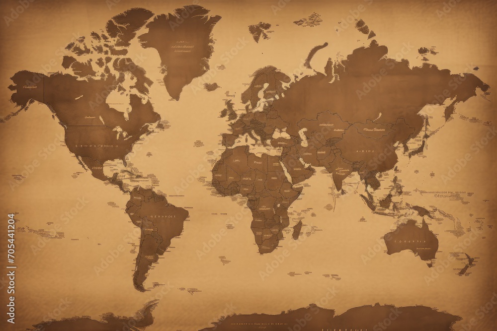 An aged map of the world, presented in a rich sepia tone, depicting all continents and countries., A sepia-toned map of the world, AI Generated