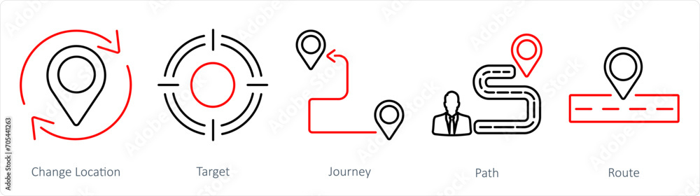 A set of 5 Location icons as change location, target, journey A set of 5 Location icons as change location, target, journey