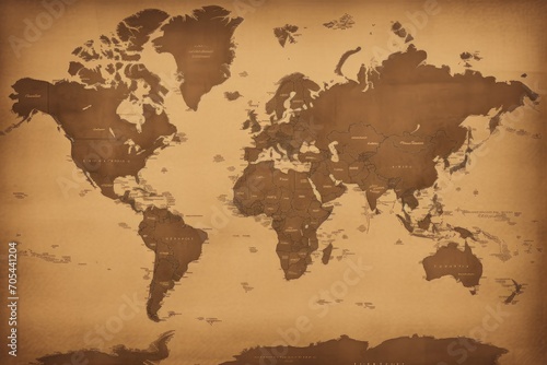An aged map of the world  presented in a rich sepia tone  depicting all continents and countries.  A sepia-toned map of the world  AI Generated