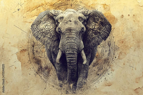 A majestic elephant with intricate line art  paired with a modern globe  creating a visually appealing representation of the wild and worldly sophistication.