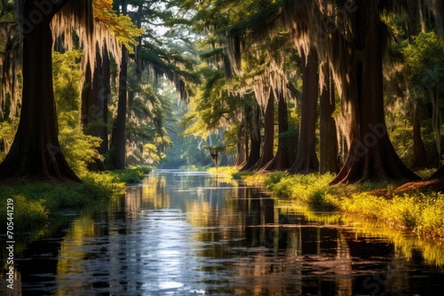 A peaceful river flows through a vibrant green forest, creating a serene and picturesque nature landscape., A serene bayou with Spanish moss hanging from the cypress trees, AI Generated