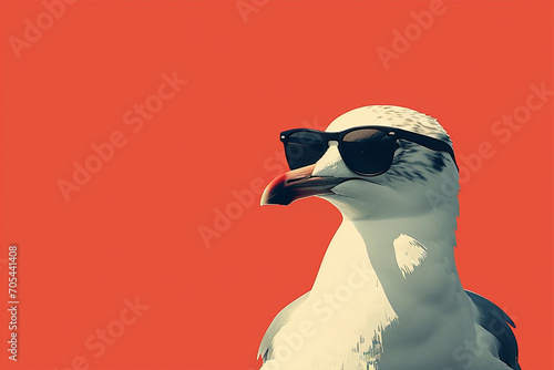 A minimalist seagull illustration in tandem with a fashionable pair of sunglasses, capturing the free-spirited nature of coastal birds merged with the trendiness of eyewear in a st © Solid