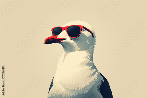 A minimalist seagull illustration in tandem with a fashionable pair of sunglasses, capturing the free-spirited nature of coastal birds merged with the trendiness of eyewear in a st © Solid