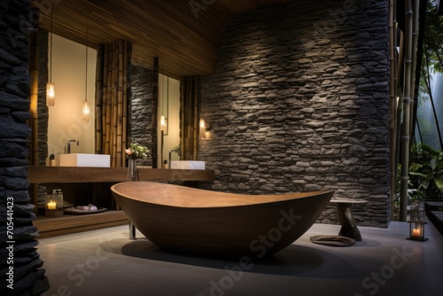 A bathroom featuring a stone wall and a bathtub made of wood.  A serene spa-like bathroom with bamboo accents and a stone bathtub  AI Generated