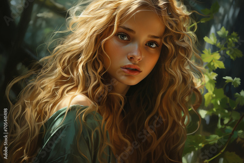 A highly realistic rendering of a girl with enchanting emerald-green eyes and flowing golden locks, emphasizing the meticulous attention to detail in this 2D portrayal.