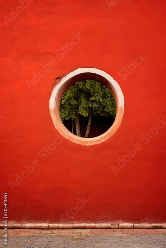 Round window in a red wall with a tree outside
