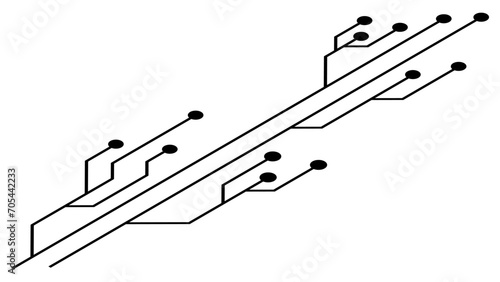 Isometric printed circuit board PCB tracks isolated on white background. Technical clipart with lines and dots at the ends. Design element.