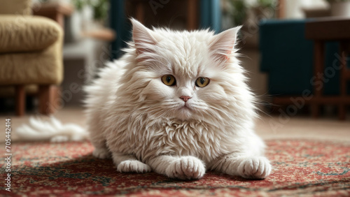 playful antics of a White Persian Cat as it engages in various activities on the floor emphasize the joy and energy of the cat's play while maintaining a solid color background to accentuate its fluff