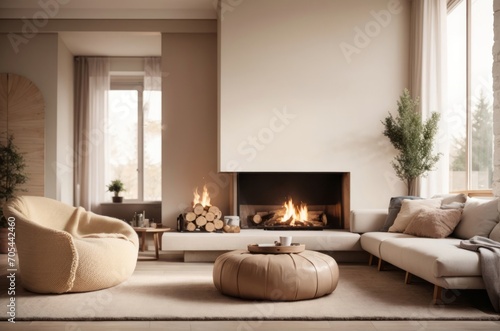Scandinavian interior home design of modern living room with beige sofa in a room with a fireplace