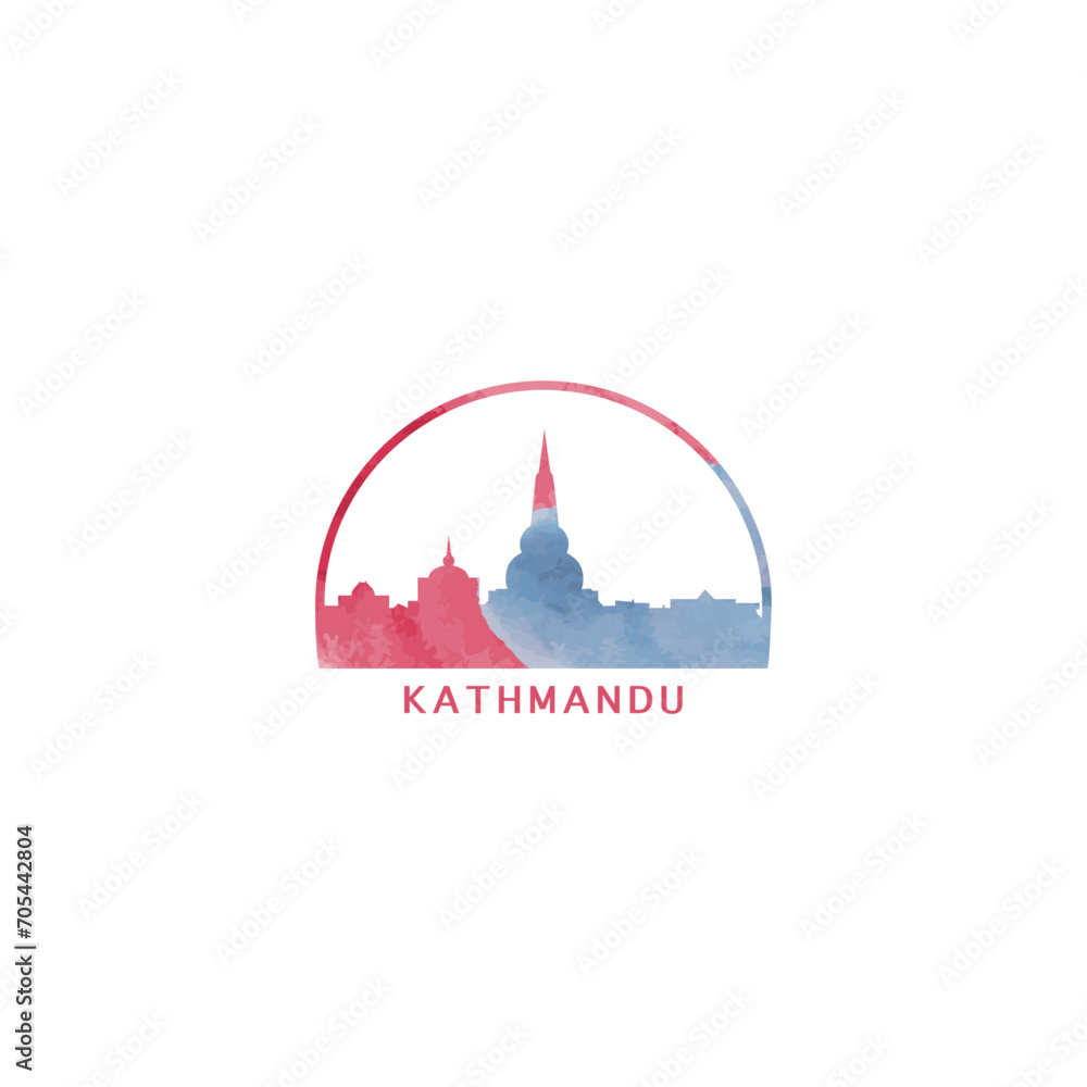 Kathmandu watercolor cityscape skyline city panorama vector flat modern logo, icon. Nepal megapolis emblem concept with landmarks and building silhouettes. Isolated graphic