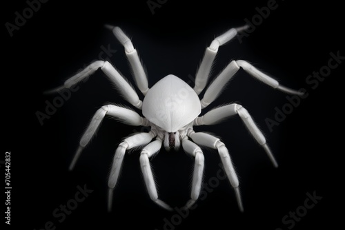 A white spider, its abdomen and legs large, stands out against a black background.