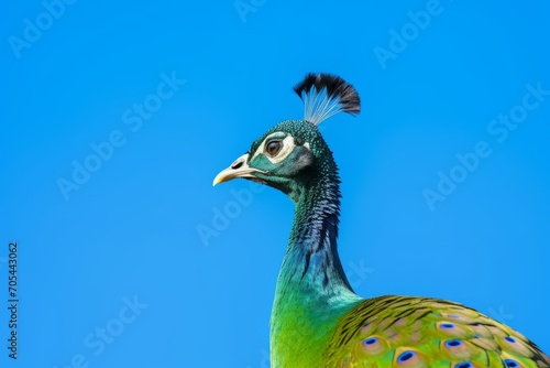 A peacock, its head green and plumage colorful, stands out against a blue sky.