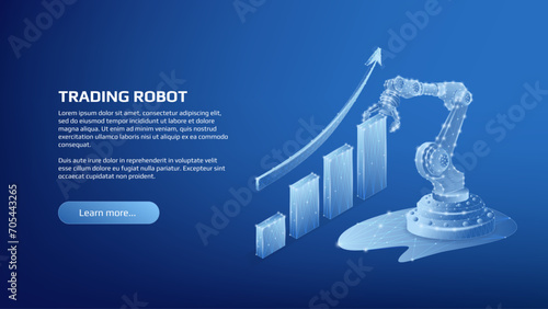Polygonal shiny Trading Robot isometric concept with chart and upward arrow and copy space on dark blue background. Automatic bot trading banner or trading web page template. Vector.