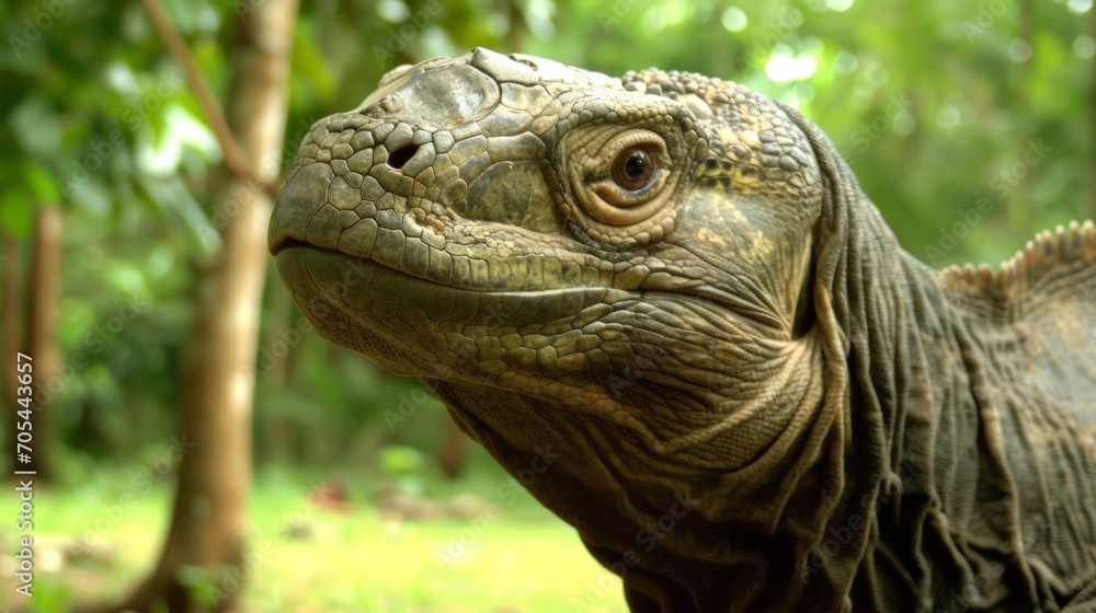 A tortoise, its face close and detailed, rests with trees in the background, its eyes focused. A tortoise, its face close and detailed, rests with trees in the background, its eyes focused.