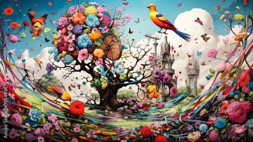 Obraz premium A painting of a... Velvet Kiss Unveiling Petals of Dawn, Moonlight Sonata in Dewdrop Diamonds, Sun-Kissed Symphony in Crimson Embrace, Woven Silks Unfurling Dreams of Spring, Whispers of Eden