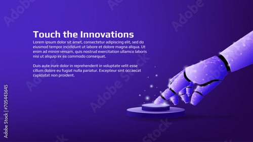 Polygonal shiny finger of robotic hand pressing a button with copy space on dark purple background. Innovations banner or tech web page template. Vector.