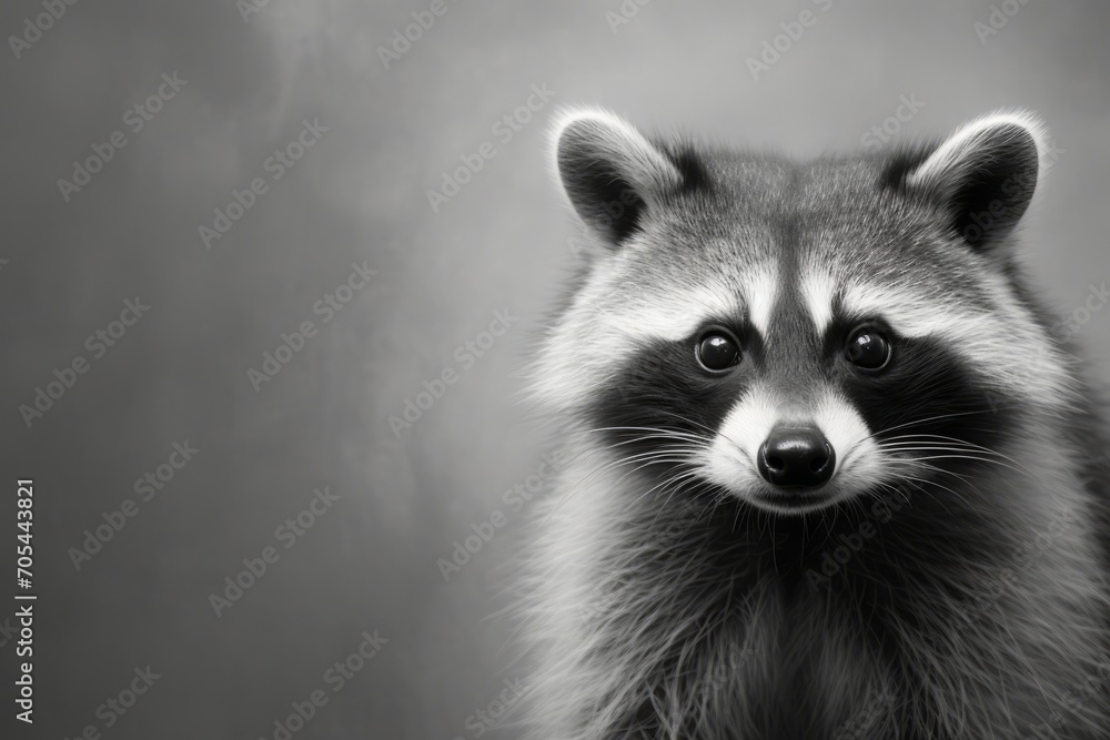 A raccoon, its form anthropomorphic and details intricate, is captured in a black and white photo. A raccoon, its form anthropomorphic and details intricate, is captured in a black and white photo.