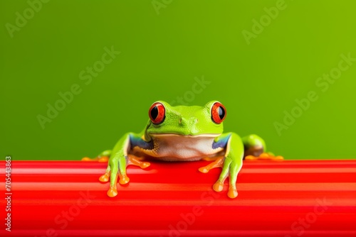 A frog, its colors psychedelic and posture cute, sits atop a red tube, its perspective unique. photo