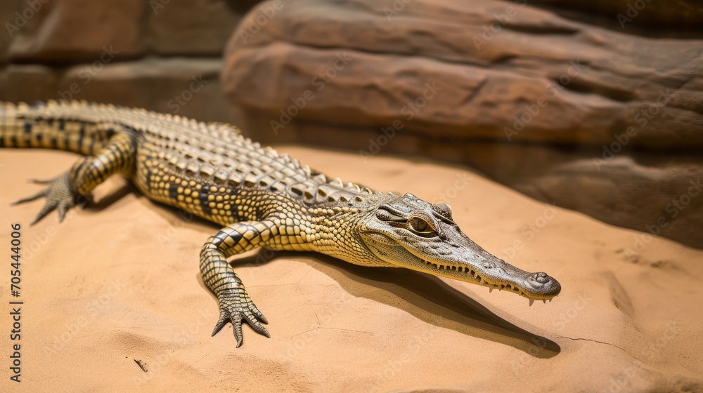 Fototapeta premium A small alligator, its teeth crocodile-like and skin scaled, rests on a rock, adapted to its environment.