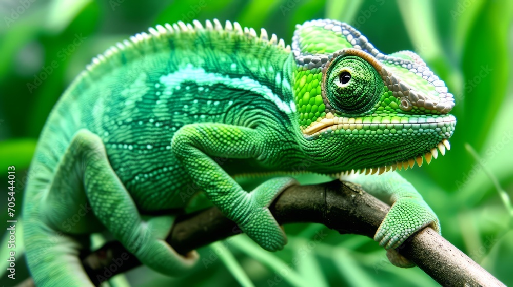 Fototapeta premium A green chameleon, its skin scaled and color vibrant, rests on top of a tree branch.