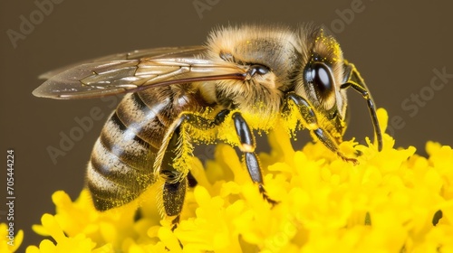 A bee, its body covered in pollen, sits on a yellow flower, its macro photography .