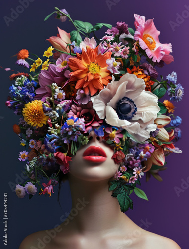 A beautiful girl's head is covered with fresh flowers against a purple background. Love, Spring, nature concept