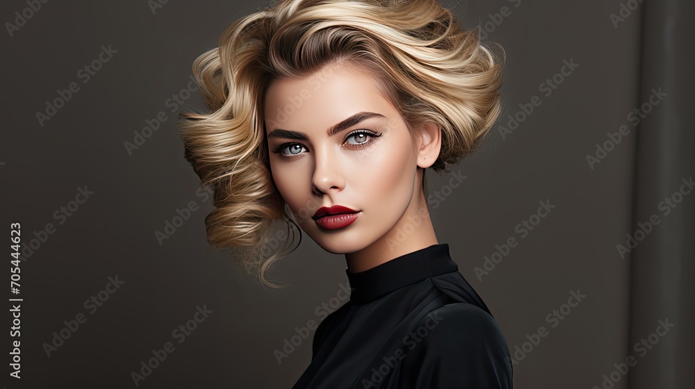 Beautiful blonde haired with stylish hairstyle. Woman with a curly hair. Closeup portrait of an attractive girl with a brown makeup. Generative AI Beautiful blonde haired with stylish hairstyle. Woman with a curly hair. Closeup portrait of an attractive girl with a brown makeup. Generative AI