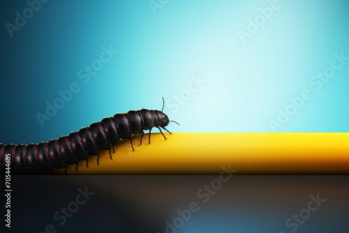 A large, dark insect, resembling a centipede, rests atop a yellow cylinder.