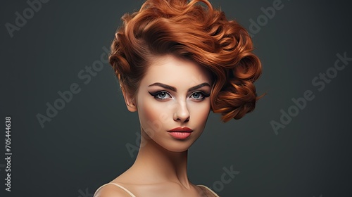 Beautiful brown haired with stylish hairstyle. Woman with a curly hair. Closeup portrait of an attractive girl with a brown makeup. Generative AI