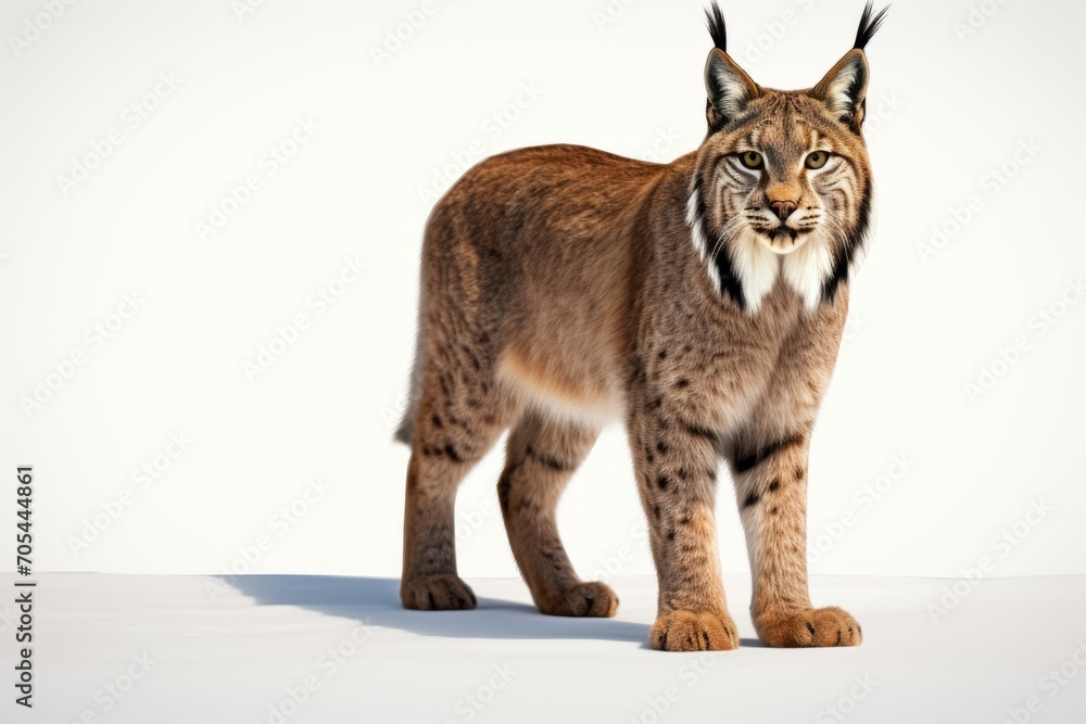 Obraz premium A lynx, its fur detailed and lush, stands out against a white surface.