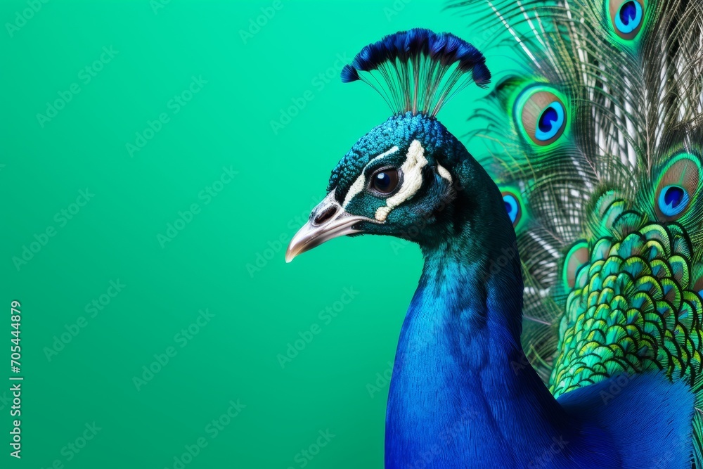 A peacock, its colorful plumage spread out, stands against a green background. A peacock, its colorful plumage spread out, stands against a green background.