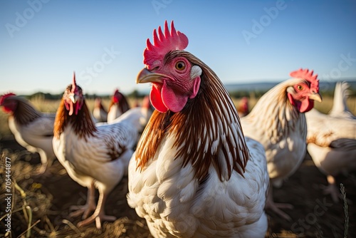 group of chickens in close-up on a walk, Generative AI