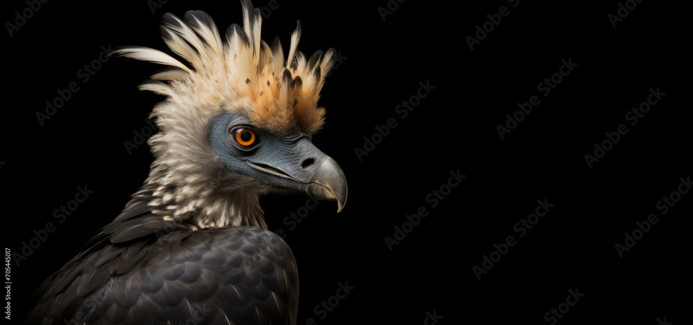 A bird, its head feathered and beak sharp, stands out against a black background.
