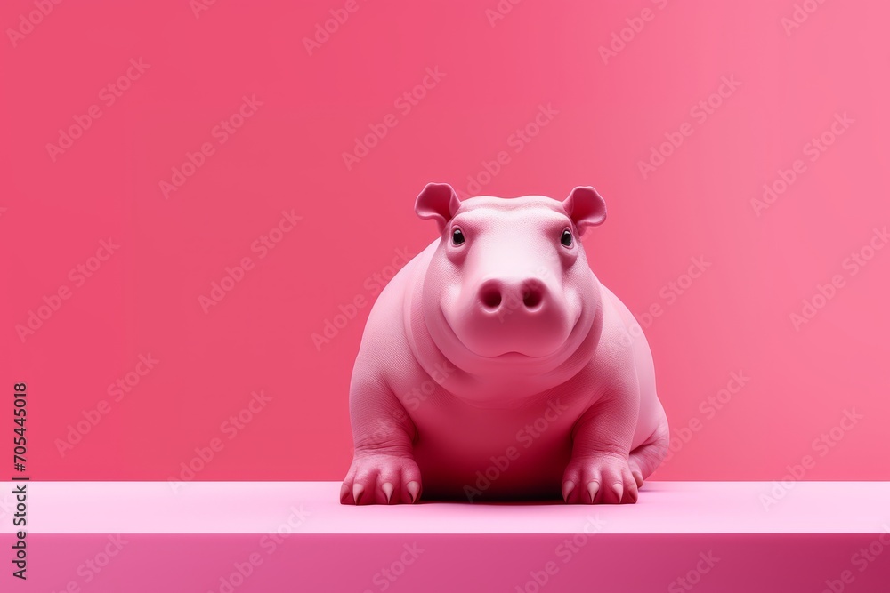 A pink pig, its form reminiscent of a hippopotamus, sits atop a table. A pink pig, its form reminiscent of a hippopotamus, sits atop a table.